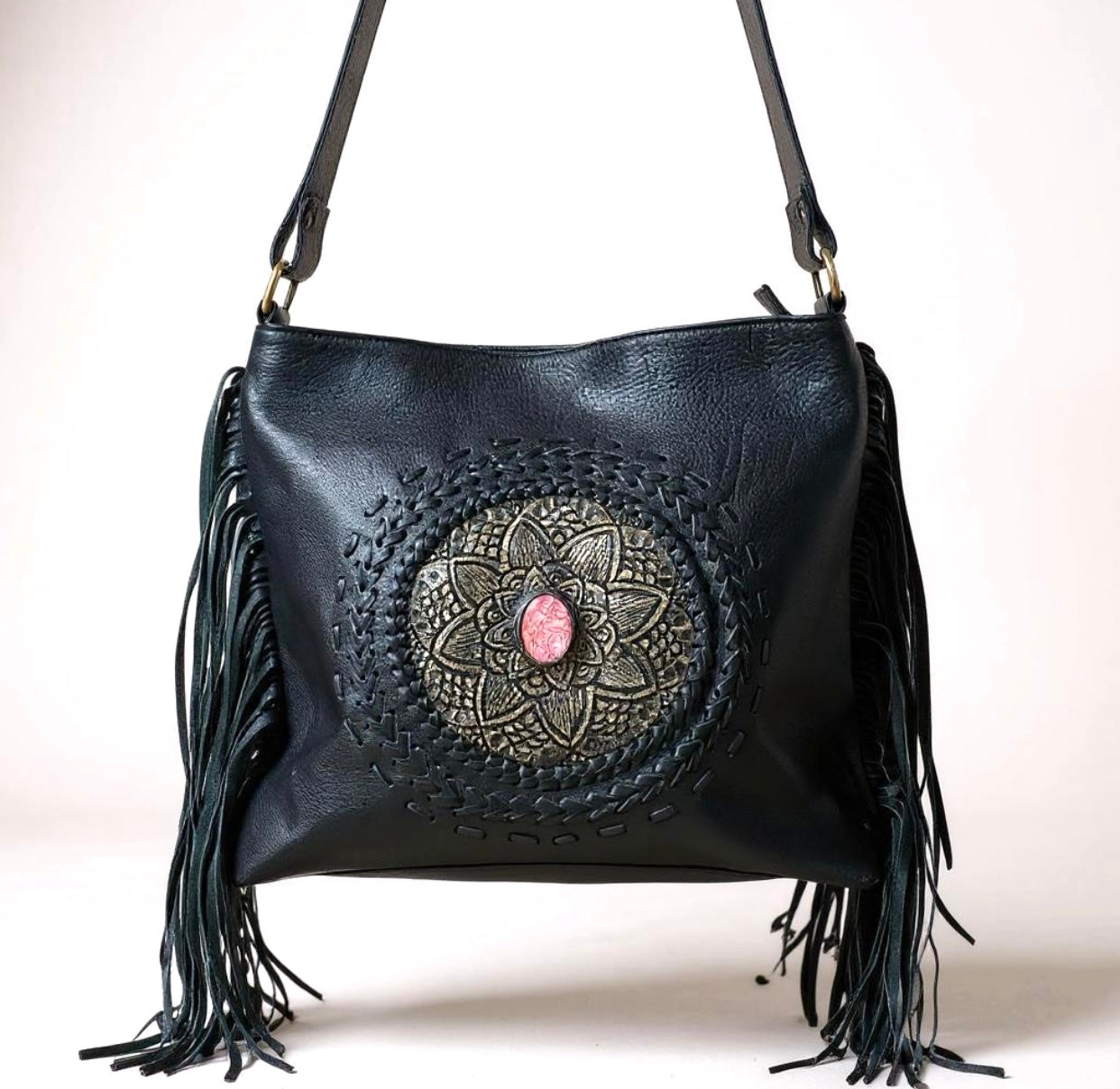 Bohemian Tassel's Black Leather Mandala Bag