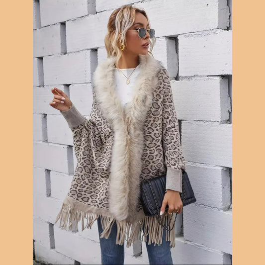 Leopard Print Faux Fur Trim Cardigan