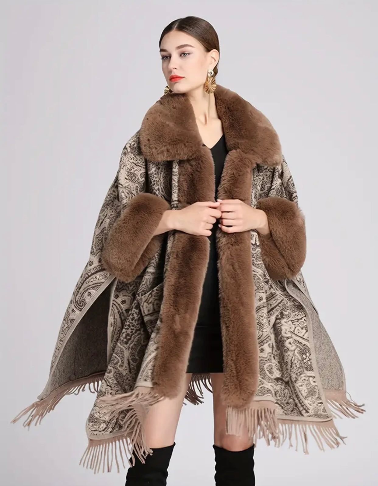 Paisley Print Faux Fur Brown Trim Jacquard Cape With Fringe Hem