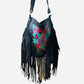 Bohemian Wanderer Painted Flowers Black Leather Bag