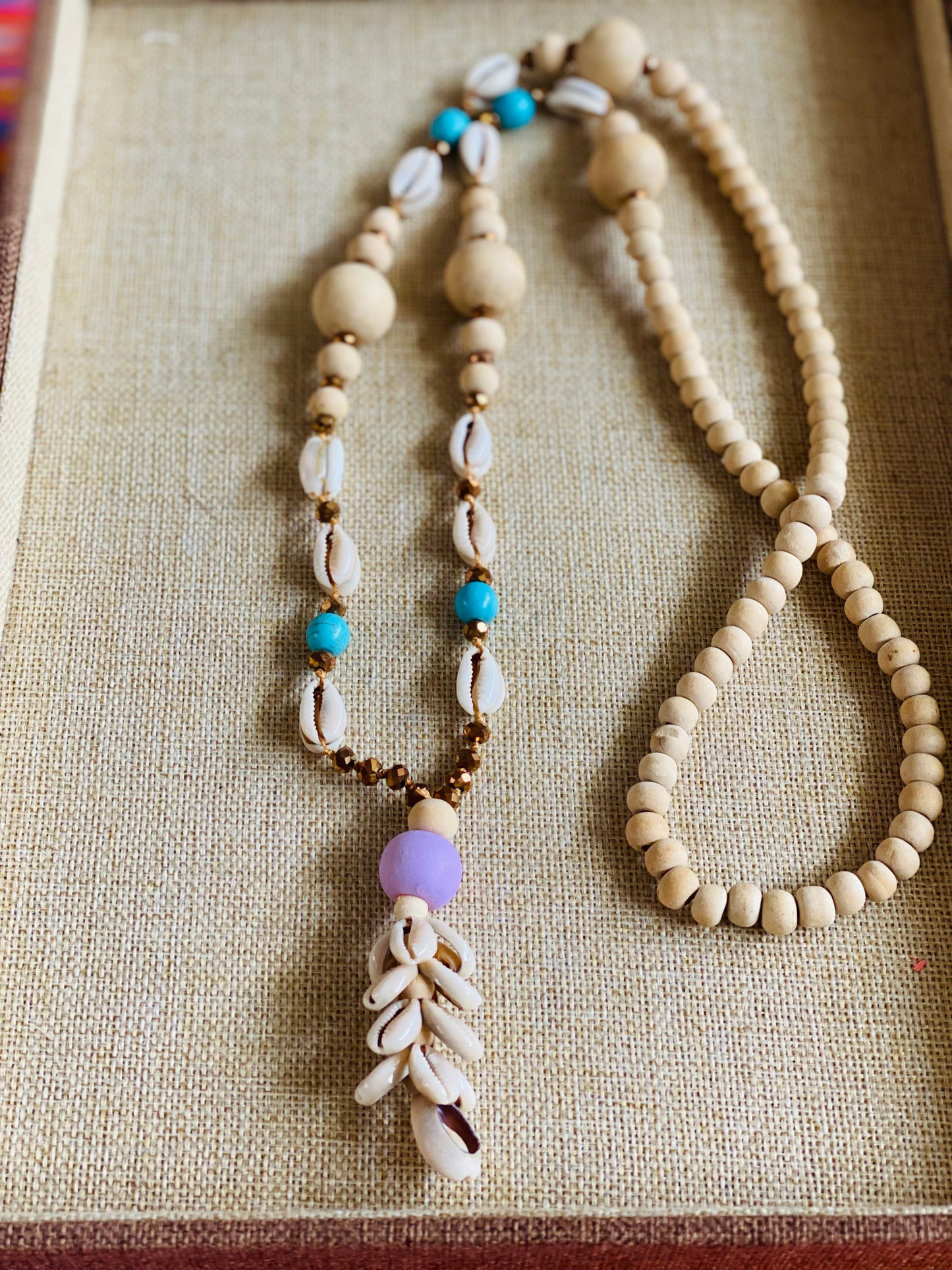 Natural Wood Beaded Shell Garland Necklace