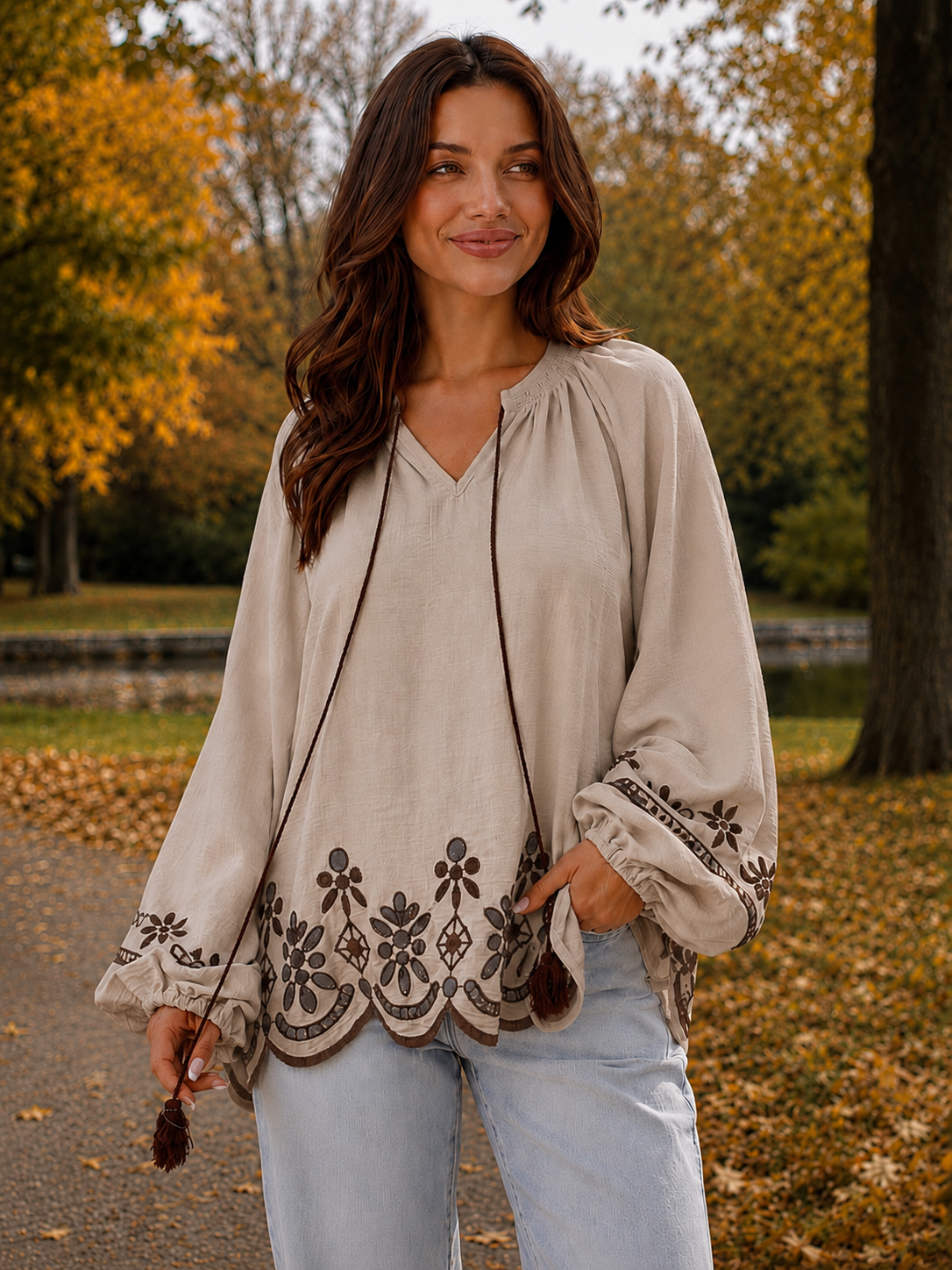 Coffee Taupe Embroidered Long Sleeve Top