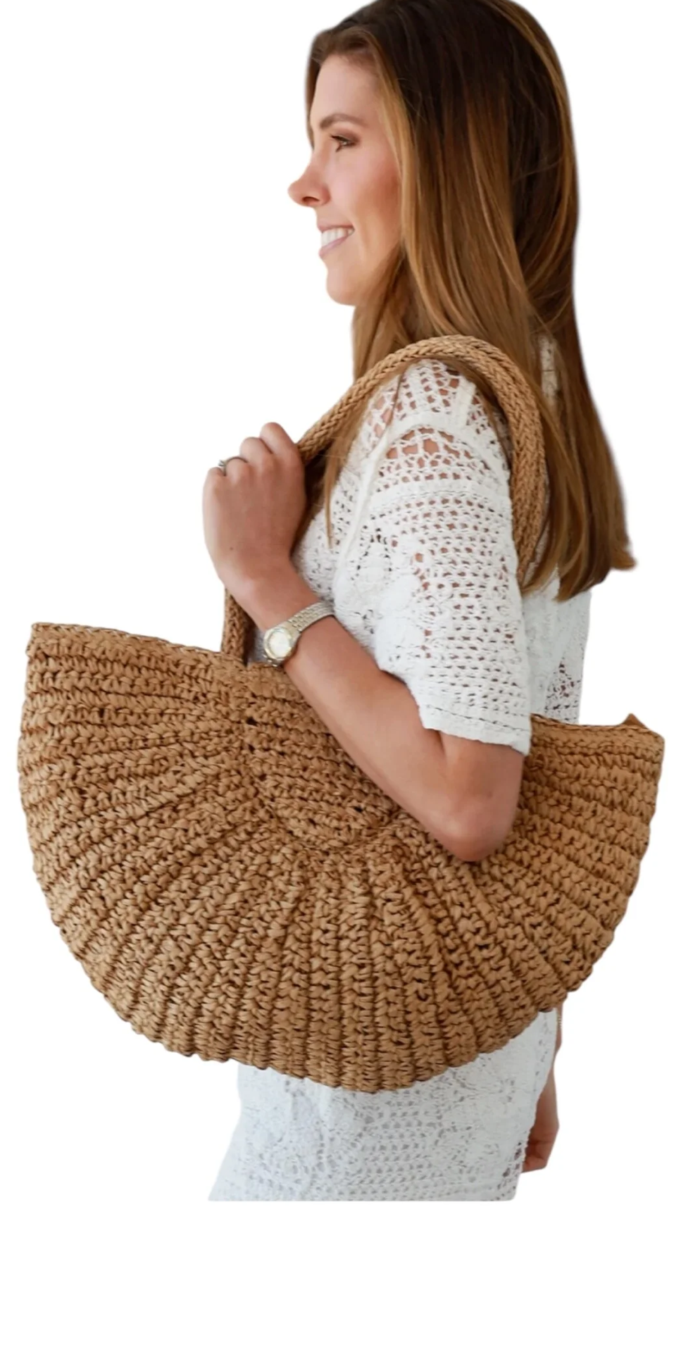 Straw Tote 1/2 Moon Shoulder Bag Travel, Beach, Shopping