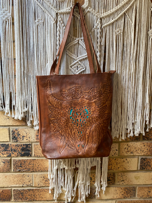 Leather Tote shoulder Bag with Bull Print