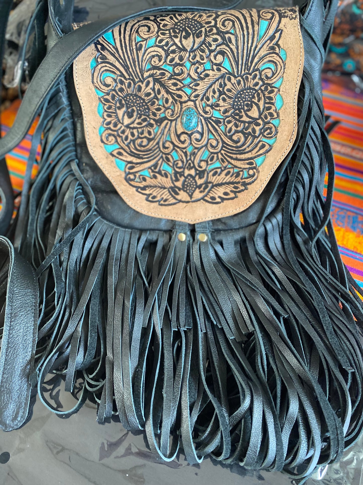 Ellie Leather Bag Black with Fringe Tassels and Turquoise Inlay