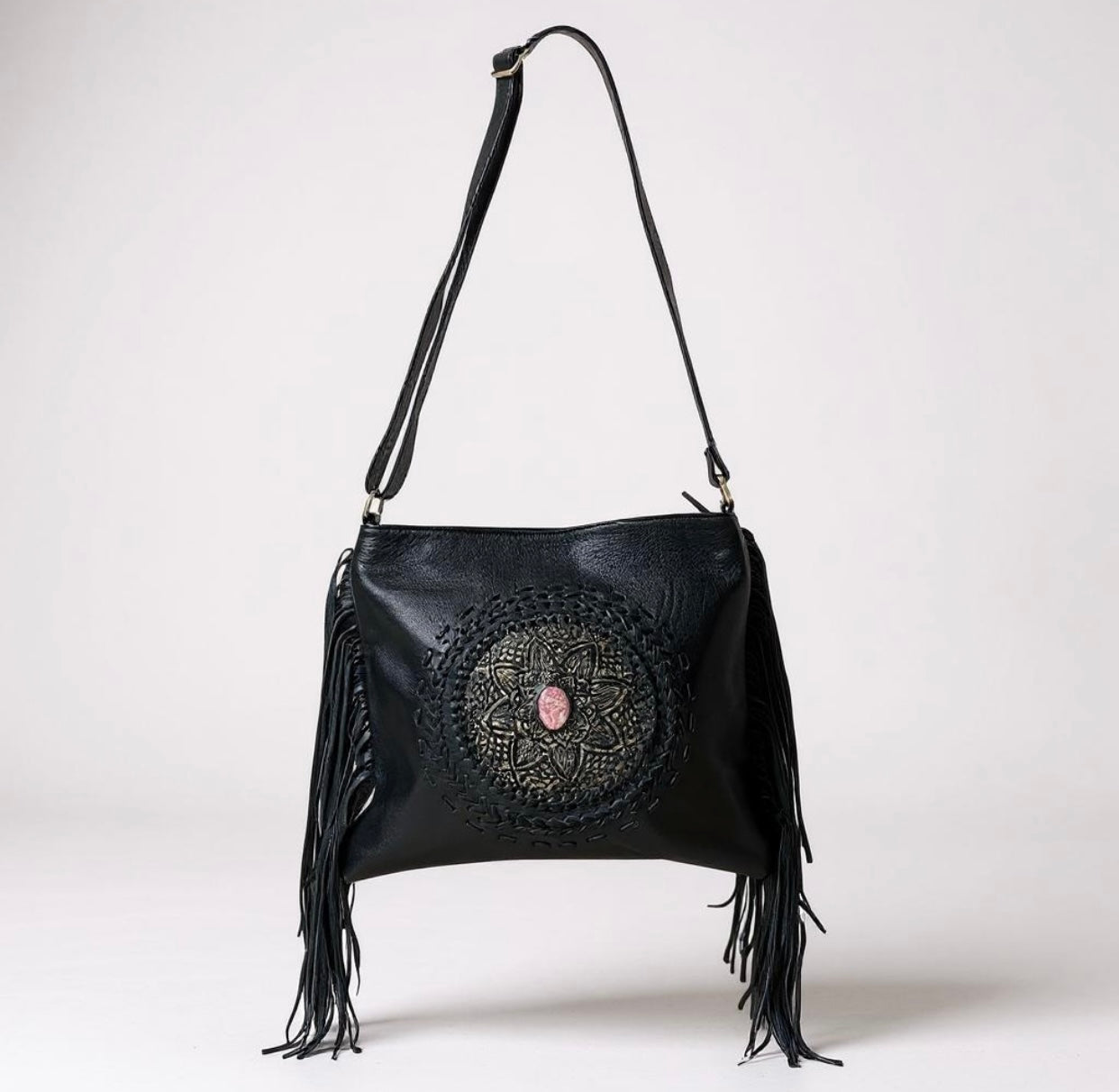 Bohemian Tassel's Black Leather Mandala Bag