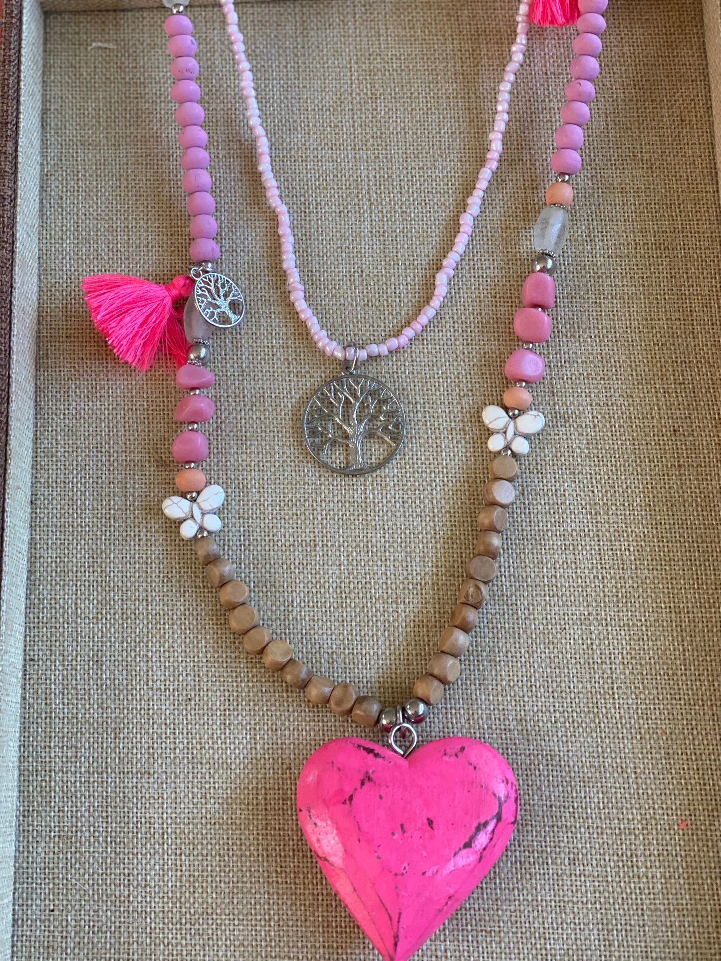 Wood Beads-Heart -Charms Garland Necklace Pink