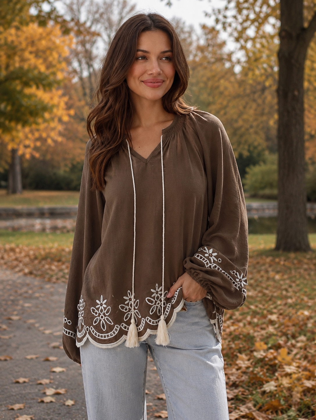 Chocolate Embroidered Long Sleeve Top