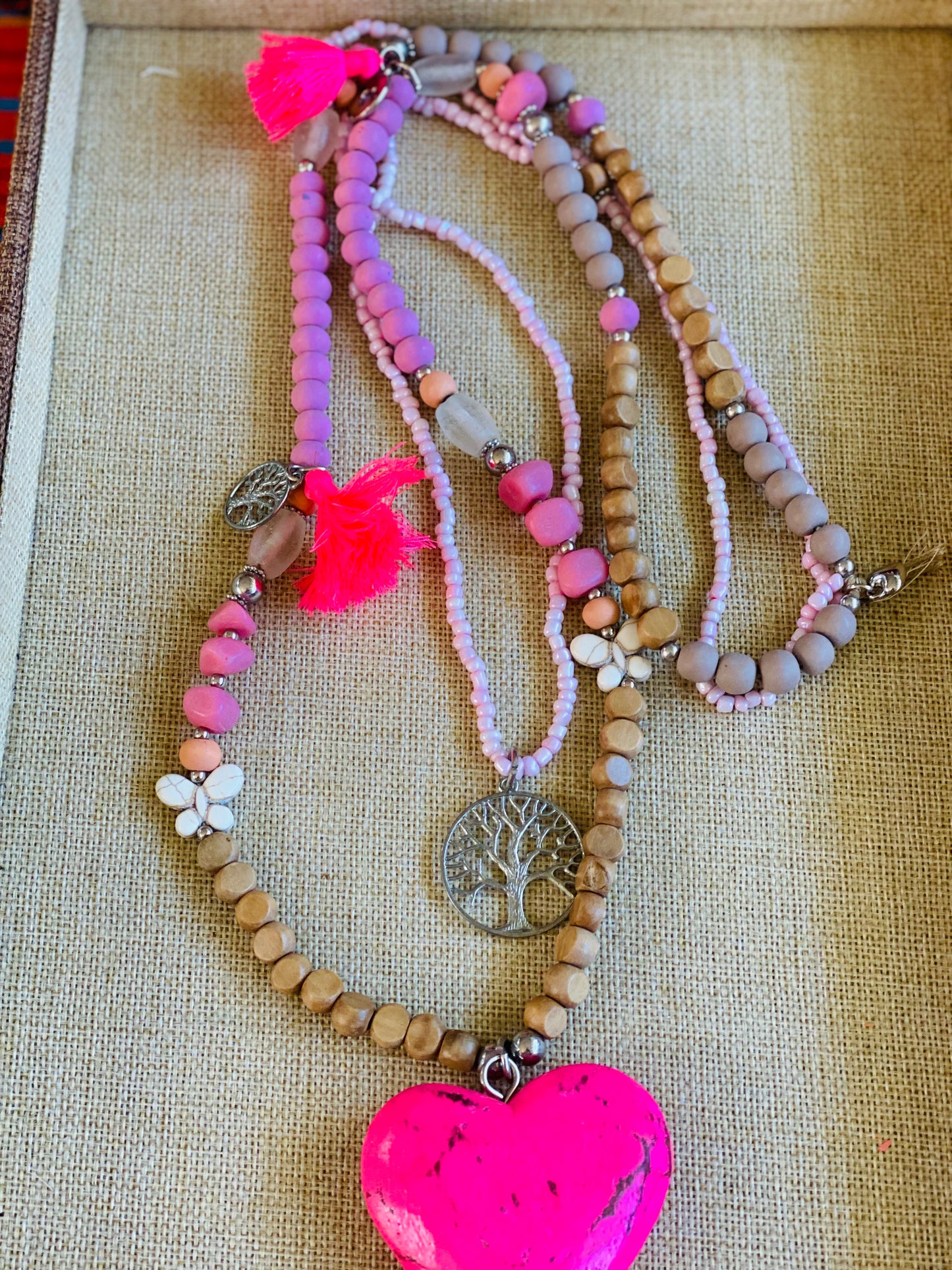 Wood Beads-Heart -Charms Garland Necklace Pink