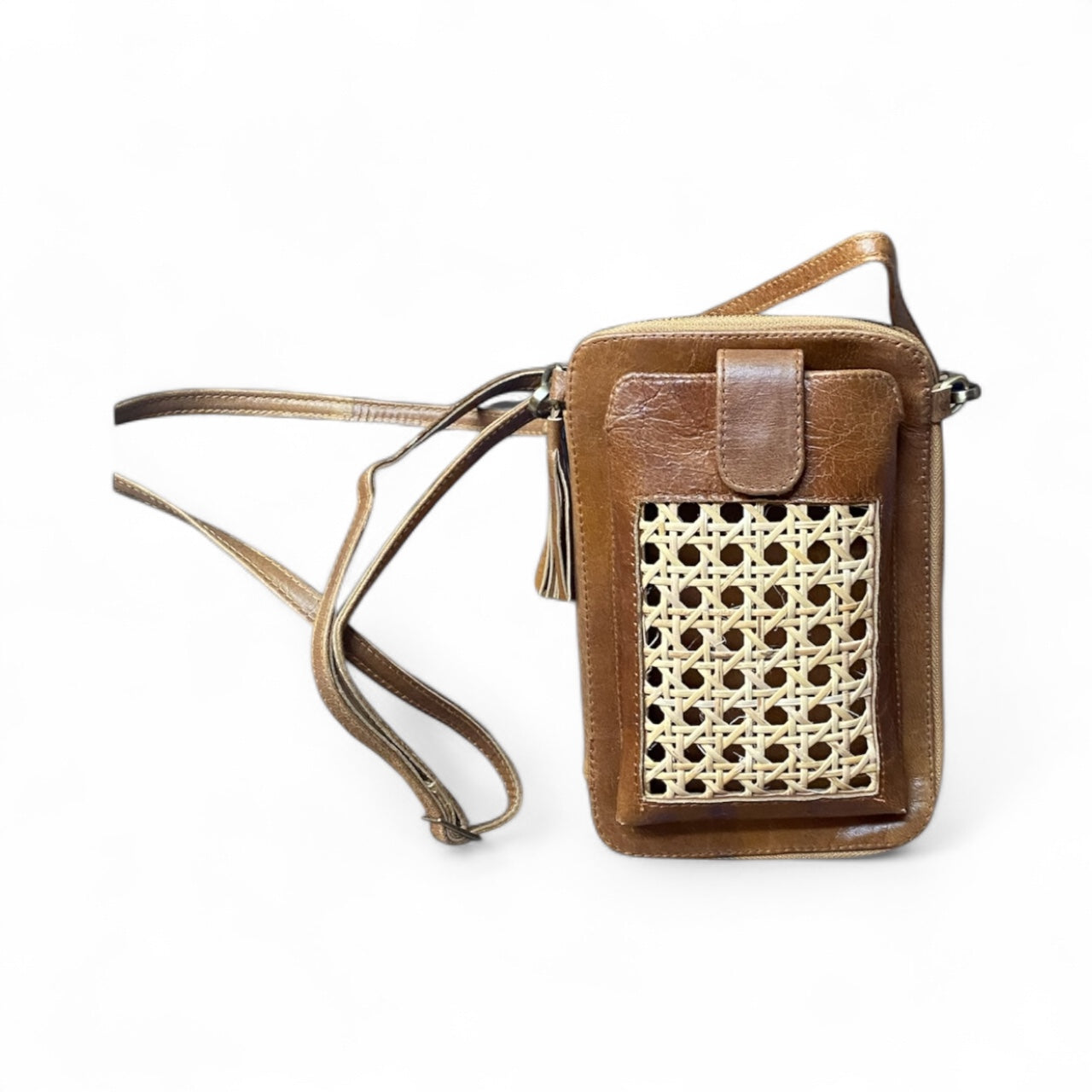 Rattan Mesh Rustic Phone Wallet Bag Leather
