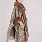 Paisley Print Faux Fur Brown Trim Jacquard Cape With Fringe Hem