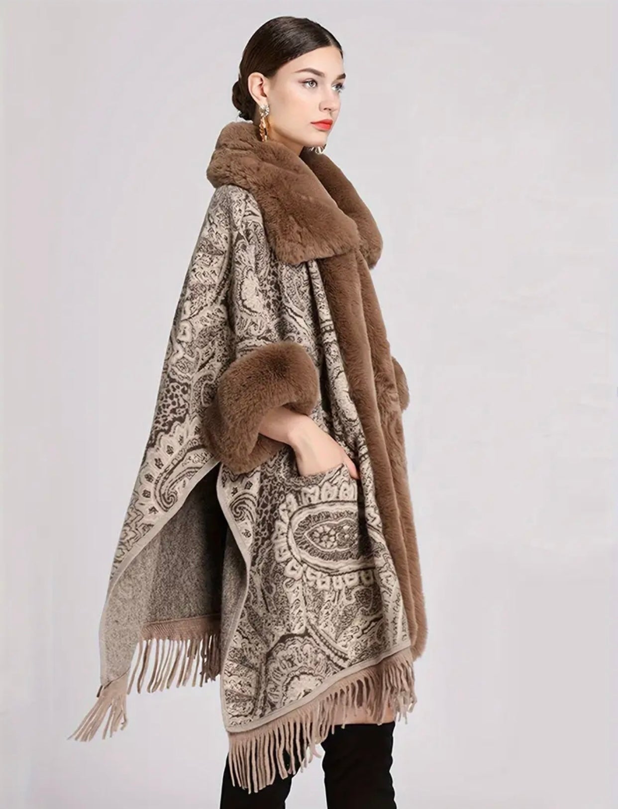 Paisley Print Faux Fur Brown Trim Jacquard Cape With Fringe Hem