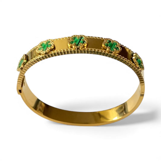 Bangle Open Hinged Green Flower Motifs