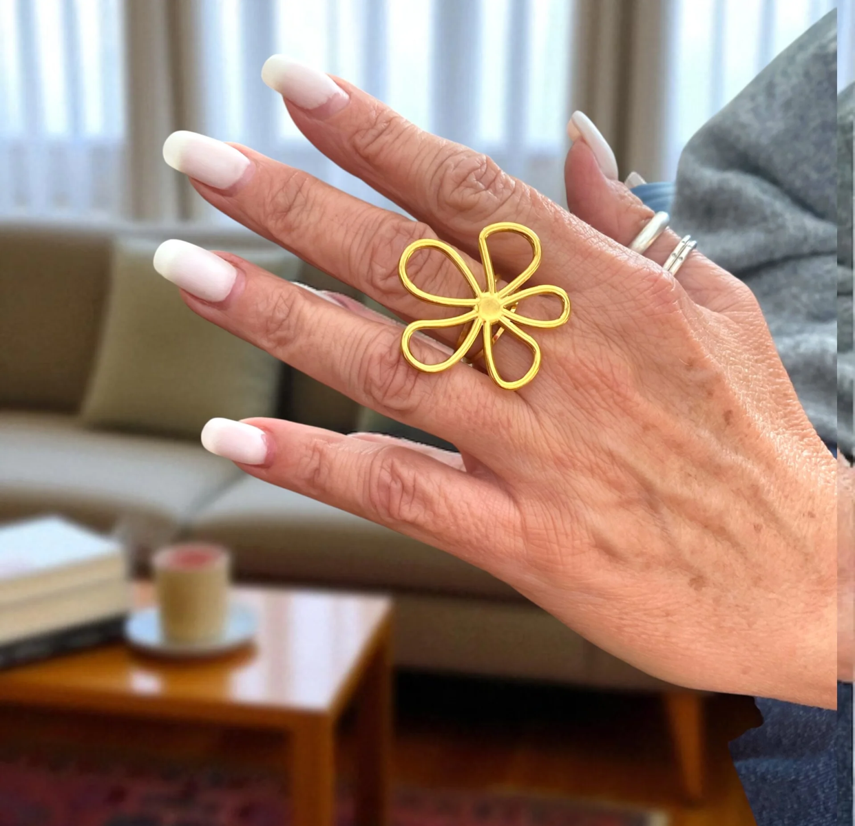 Large Flower Ring Adjustable 18K Gold Plated