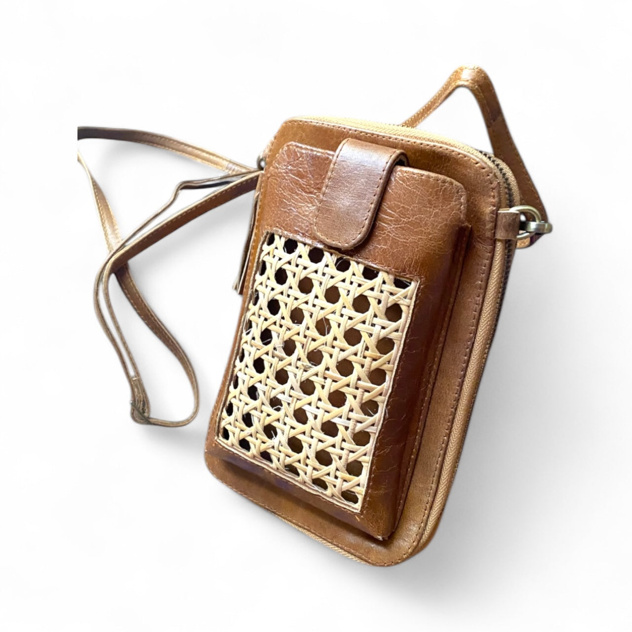 Rattan Mesh Rustic Phone Wallet Bag Leather