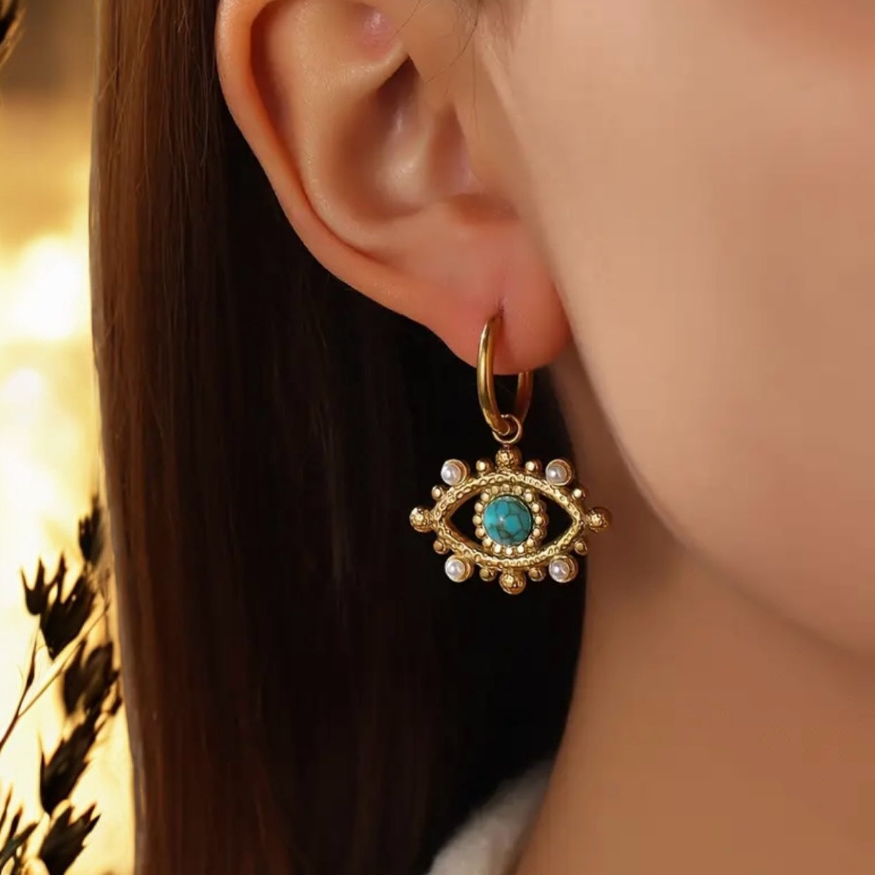Evil Eye Turquoise Stone Earrings 18k Gold Plated