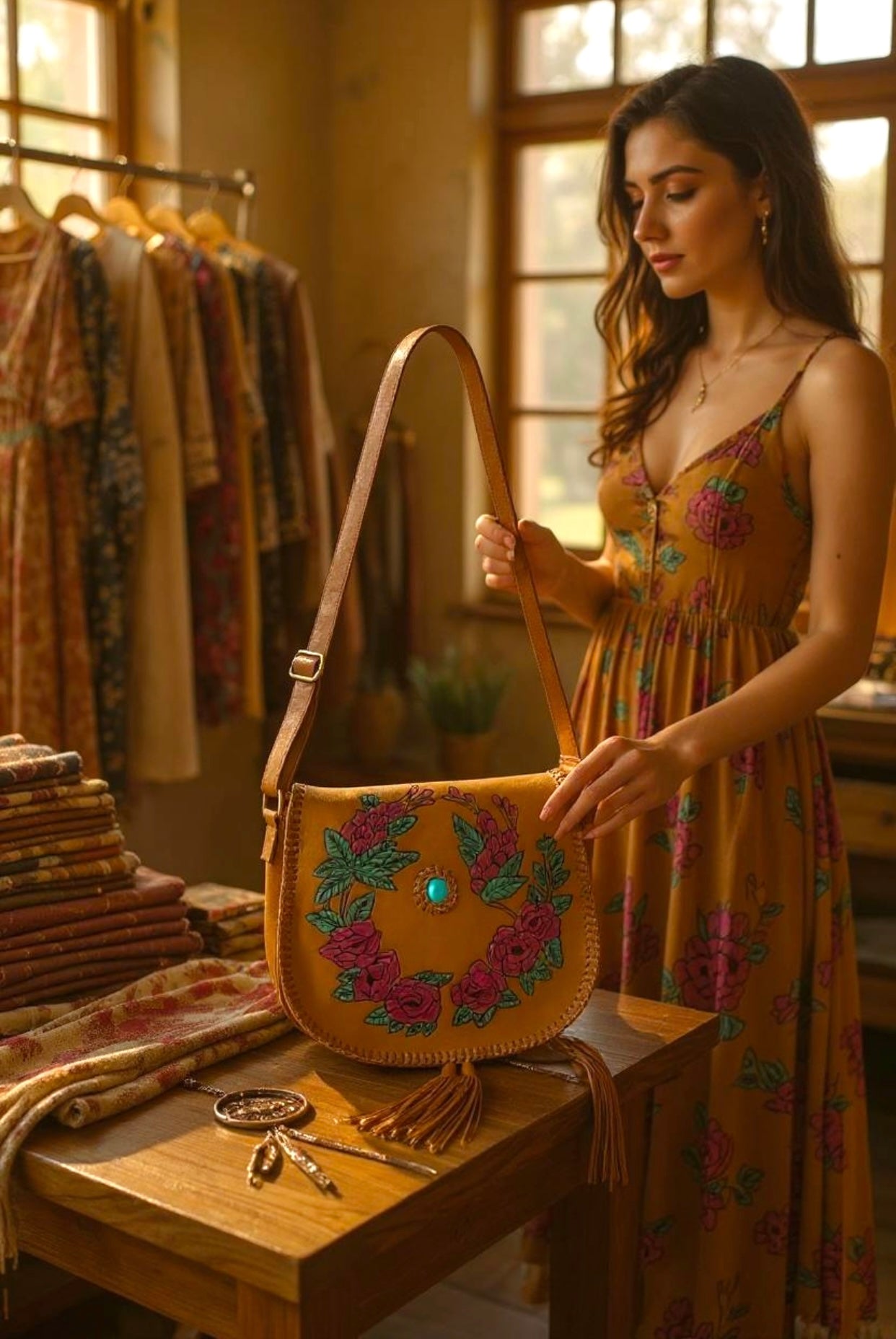 Rosalie Tan Brown Floral Leather Bag