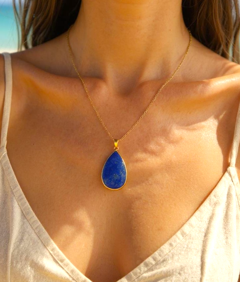 Natural Lapis Stone Teardrop
Pendant Necklace 18k Gold Plated