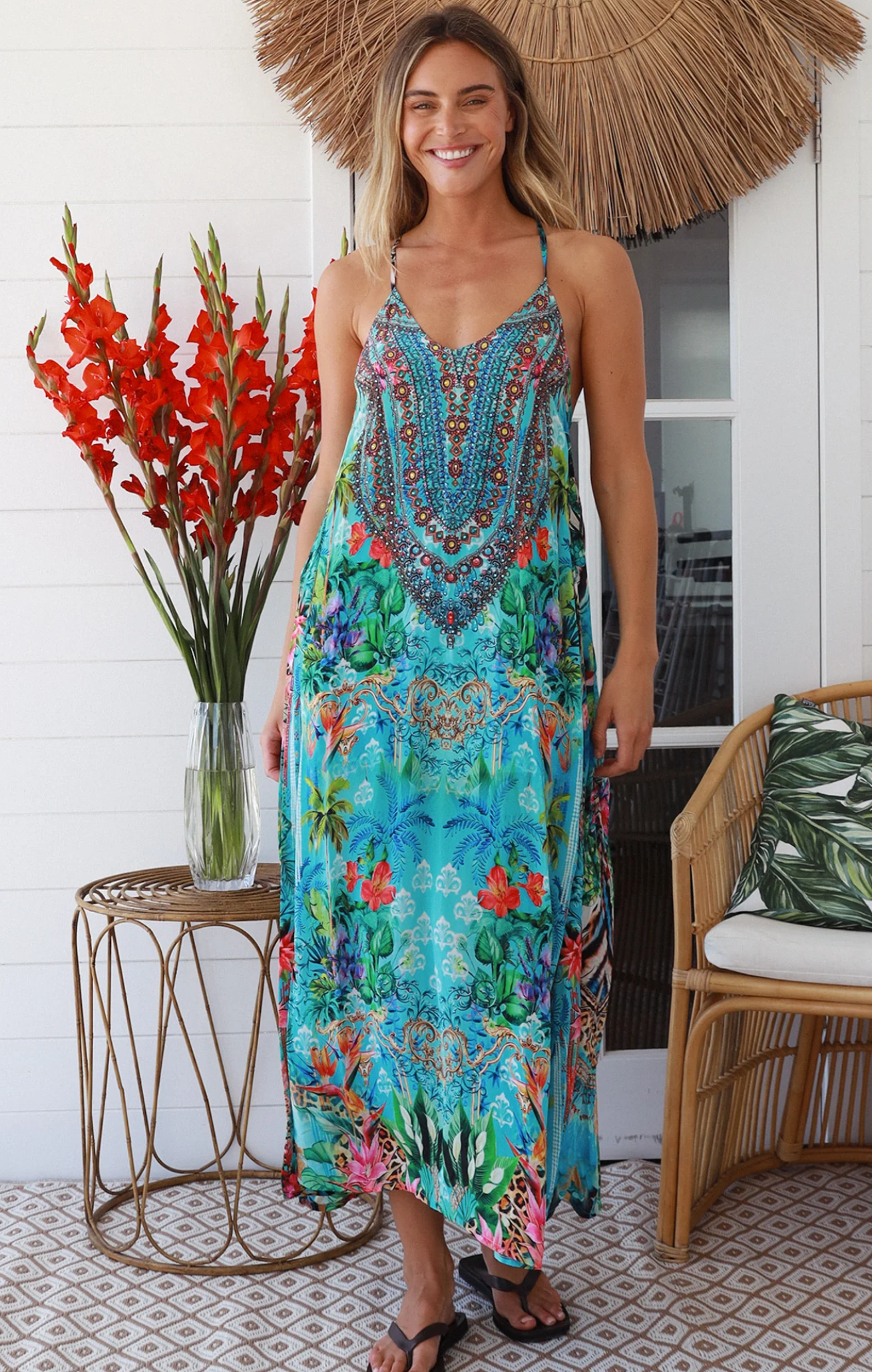 Crystal Luxe Dress Multi Bloom Print Azure Blue