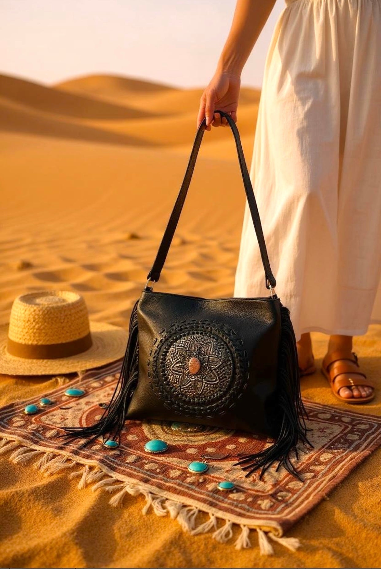 Bohemian Tassel's Black Leather Mandala Bag