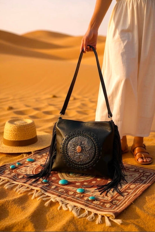 Bohemian Tassel's Black Leather Mandala Bag