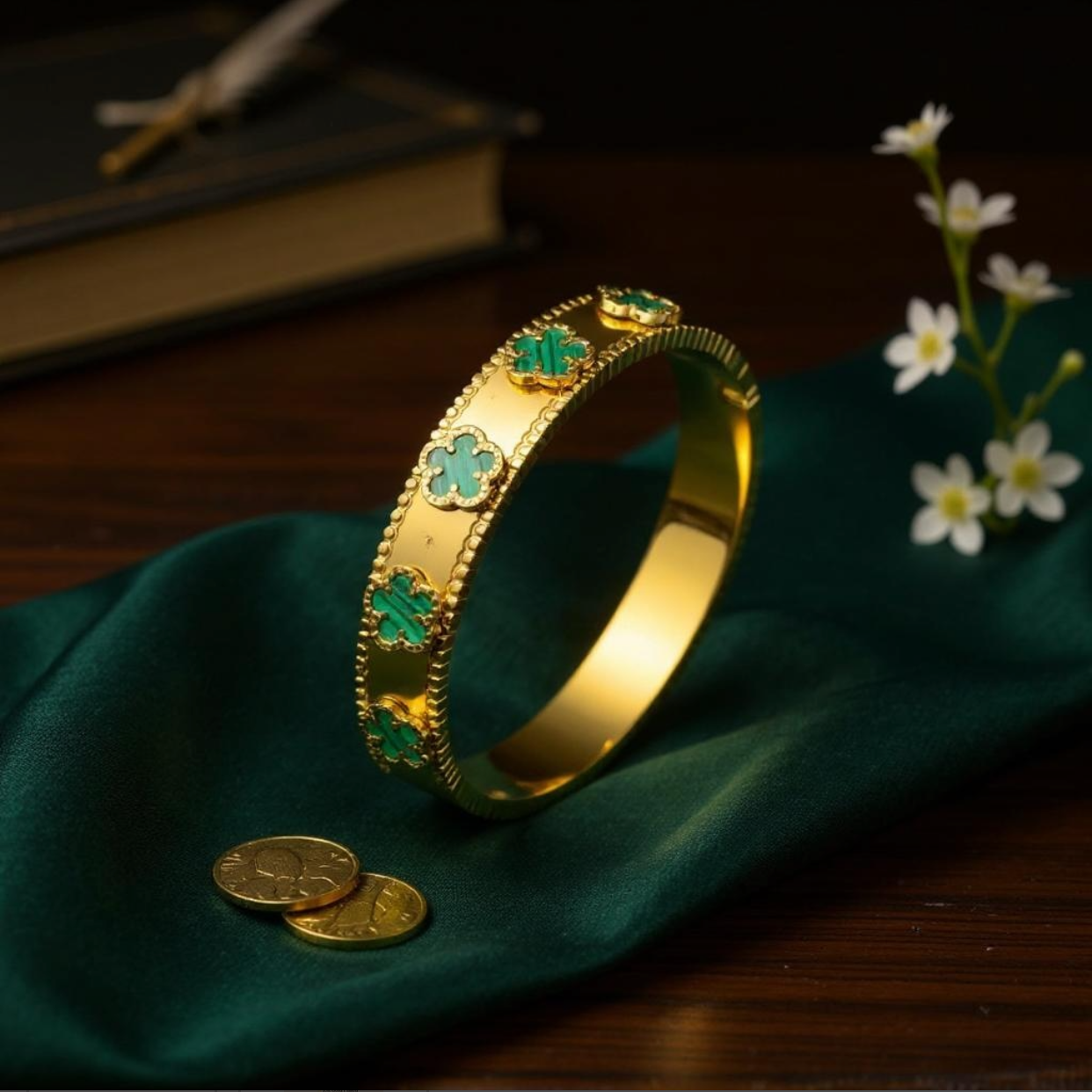 Bangle Open Hinged Green Flower Motifs