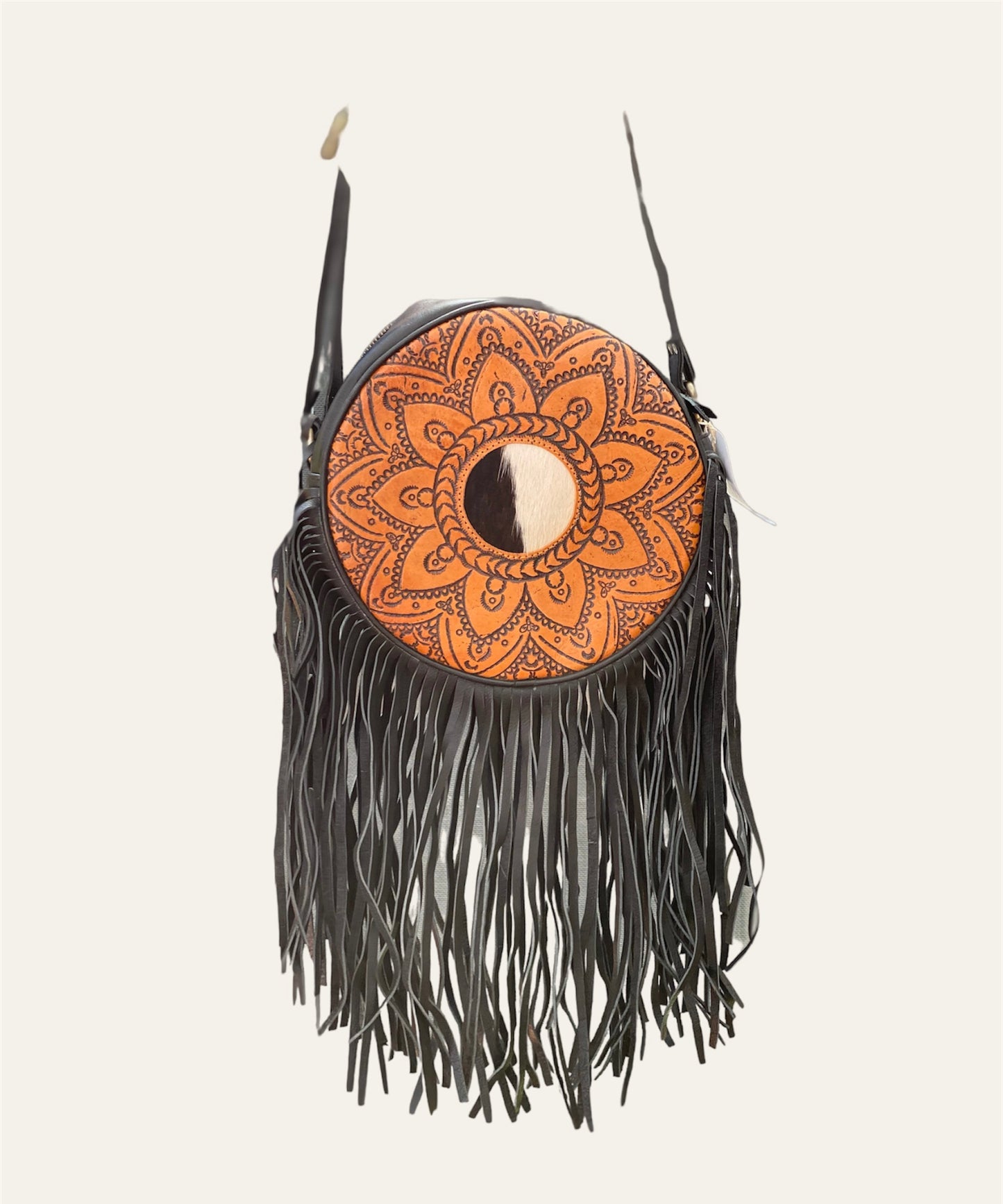 Mandala Round Black fringe Leather Bag