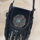 Leather Turquoise Flower Bag Fringe Tassels Black