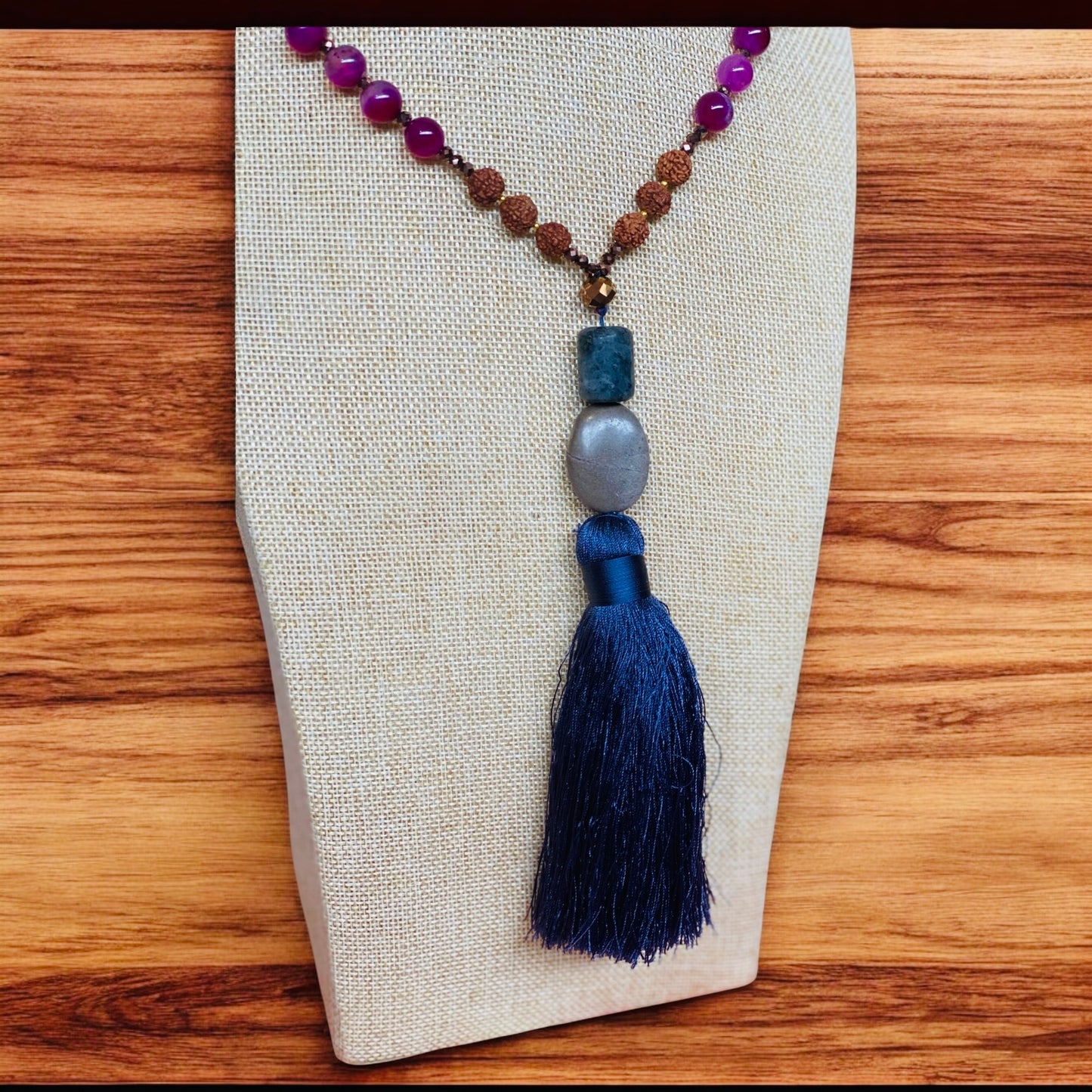 Beaded Rudraksha Necklace With Navy Tassel