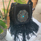 Leather Turquoise Flower Bag Fringe Tassels Black