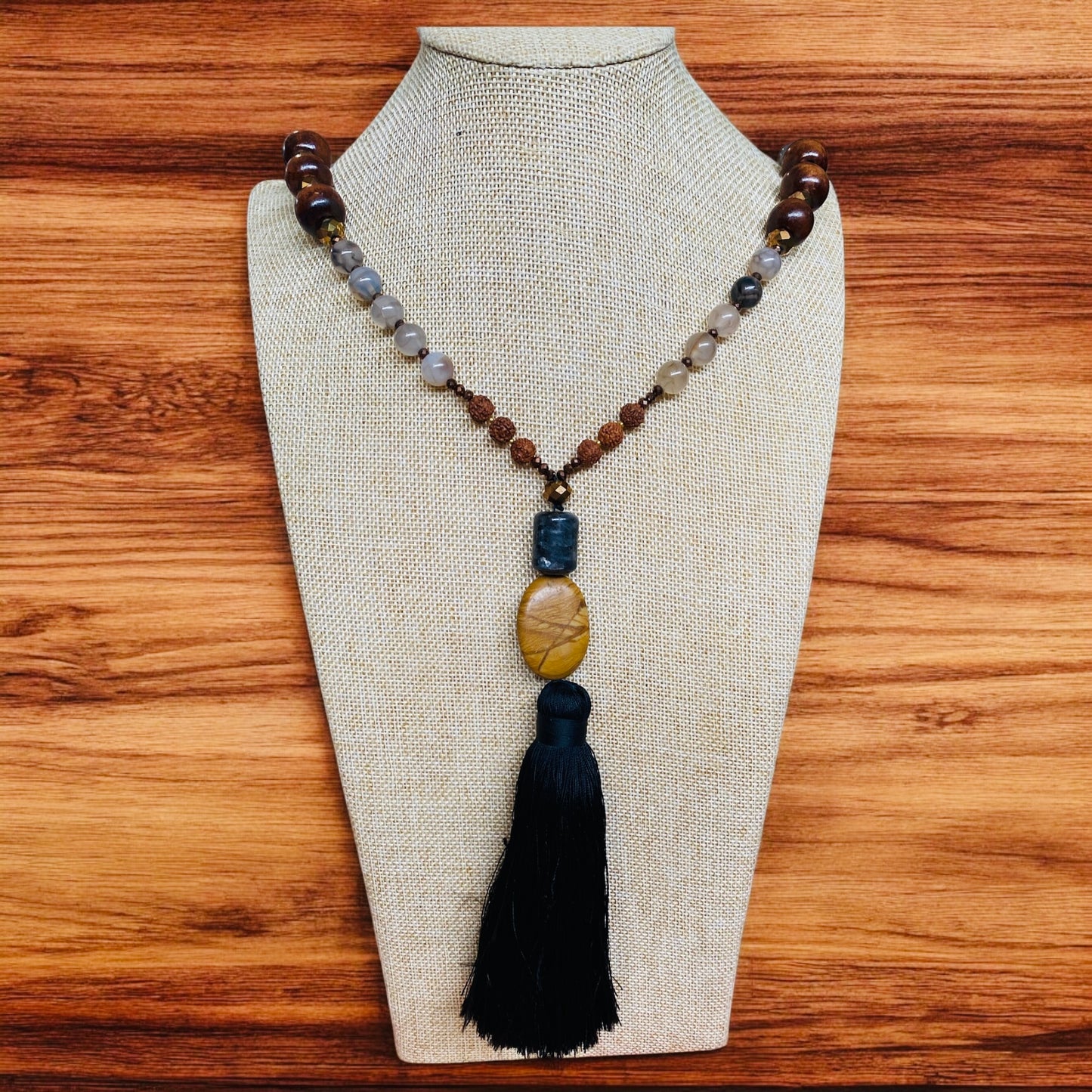 Beaded Rudraksha Necklace With Black Tassel