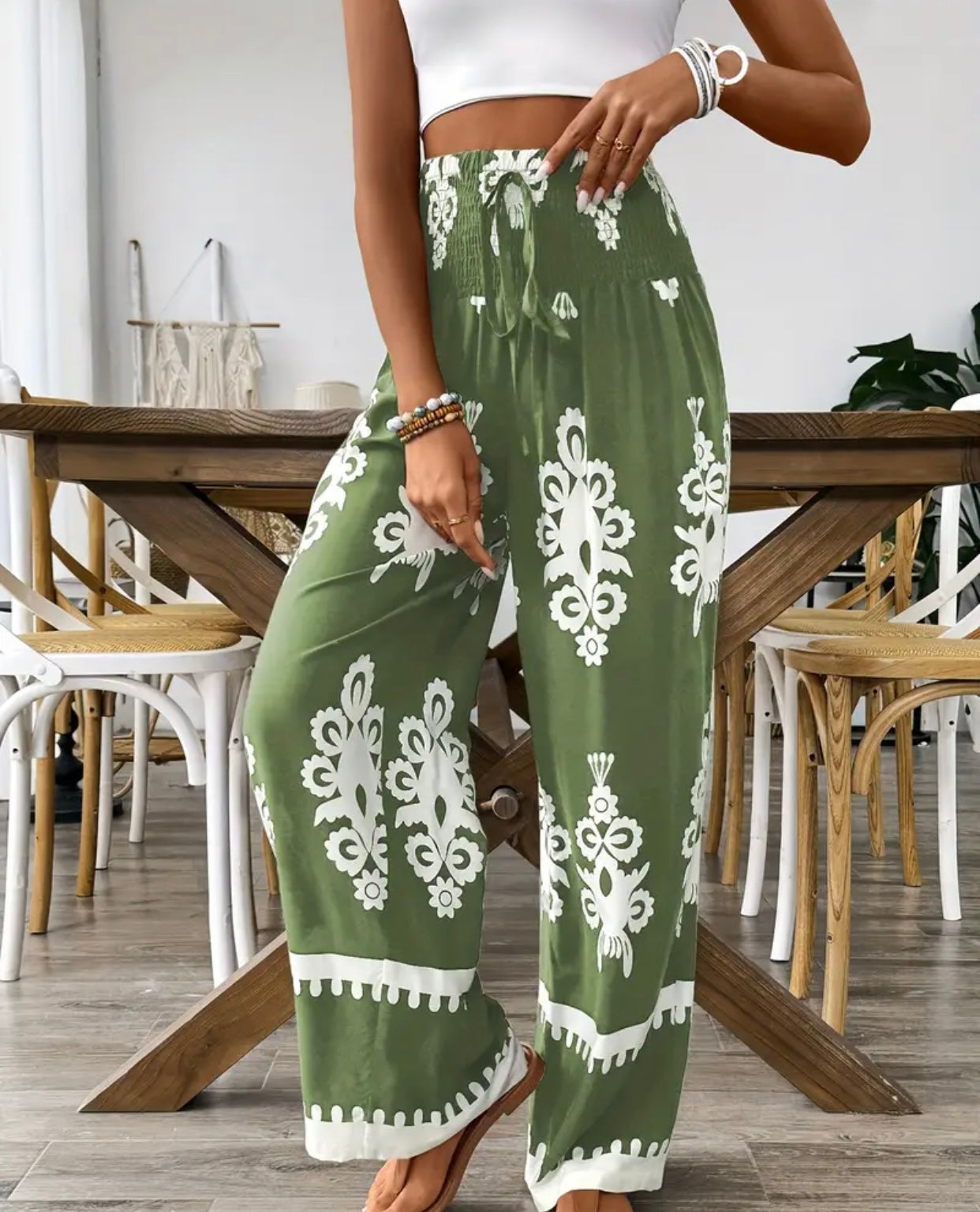 Roma Print Rayon Pants Shirred Wide Waist Green