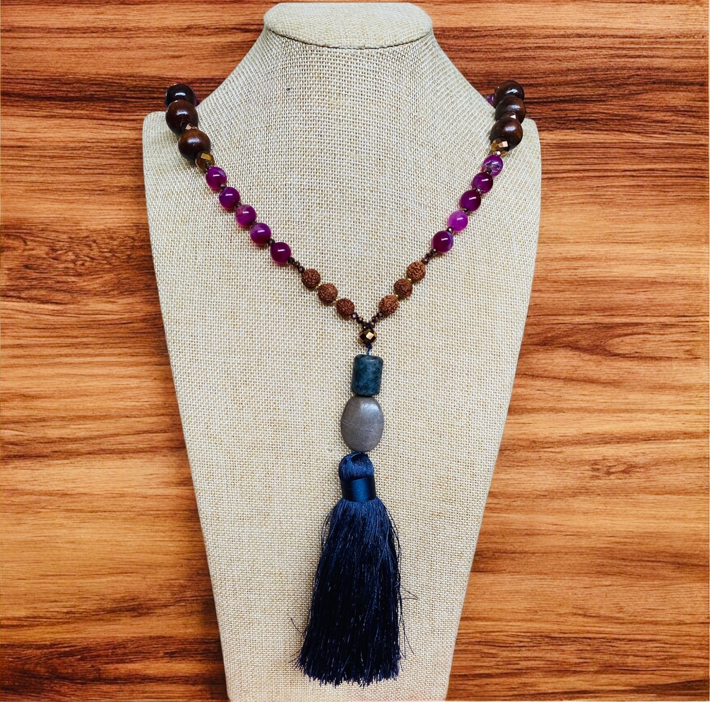 Beaded Rudraksha Necklace With Navy Tassel
