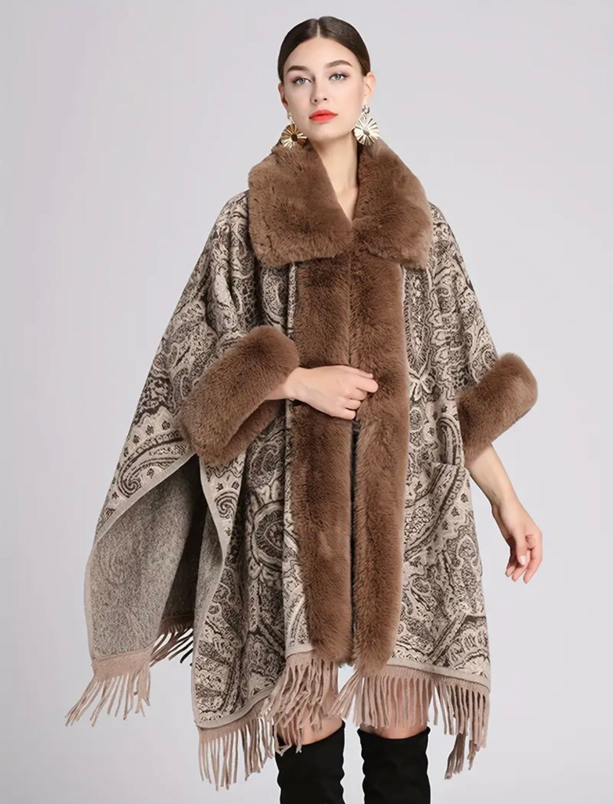 Paisley Print Faux Fur Brown Trim Jacquard Cape With Fringe Hem