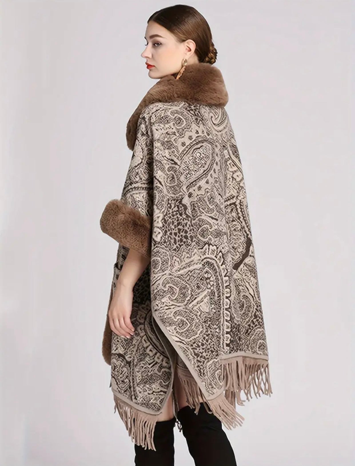 Paisley Print Faux Fur Brown Trim Jacquard Cape With Fringe Hem