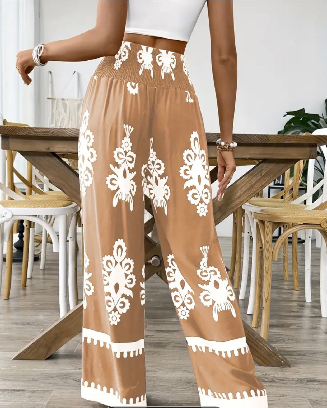Roma Print Rayon Pants Shirred Wide Waist Tawny