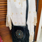 Leather Turquoise Flower Bag Fringe Tassels Black