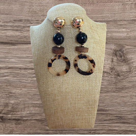 Leopard Earrings Wood And Resin Circle Drop Style