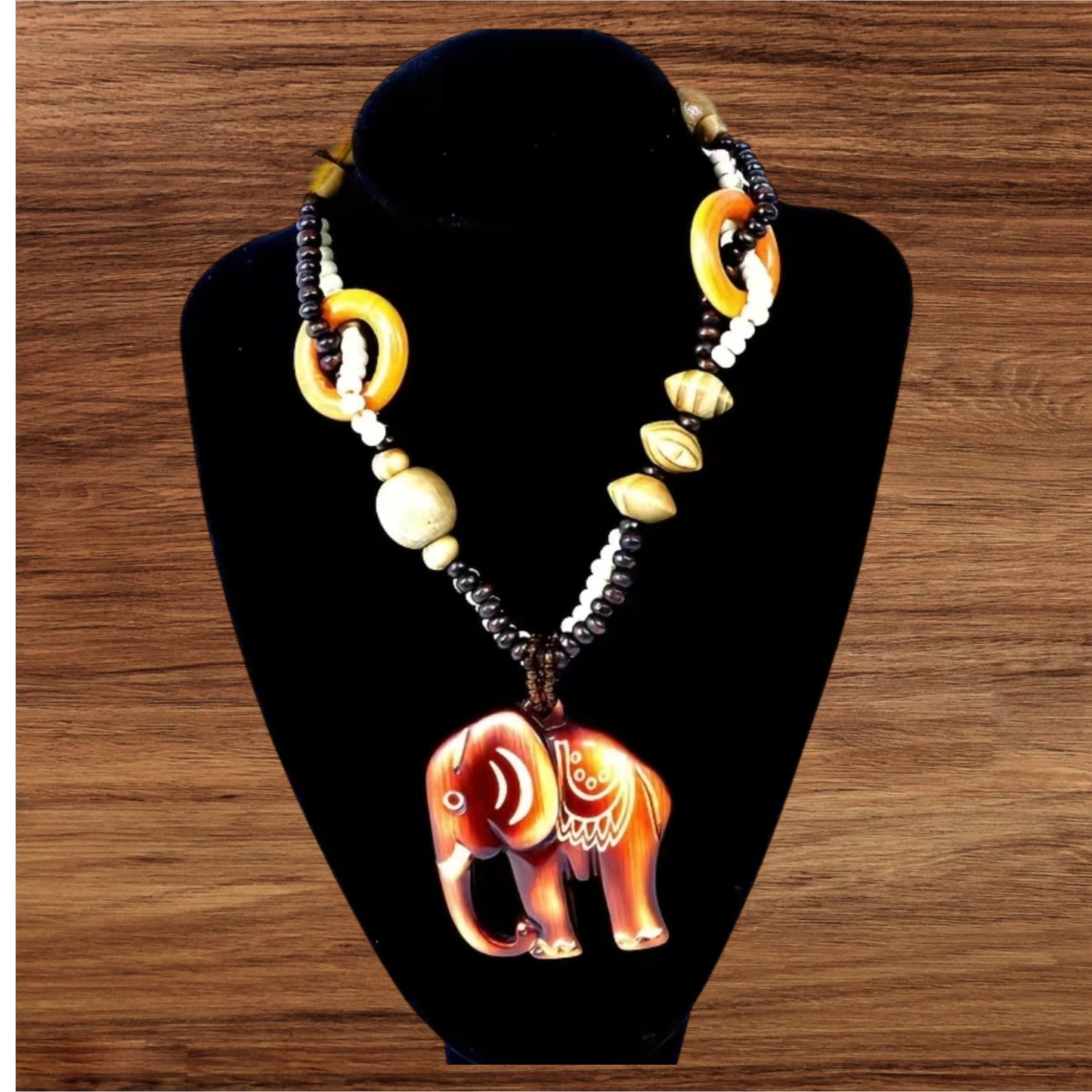 Boho Large Elephant Necklace Wood and Beads