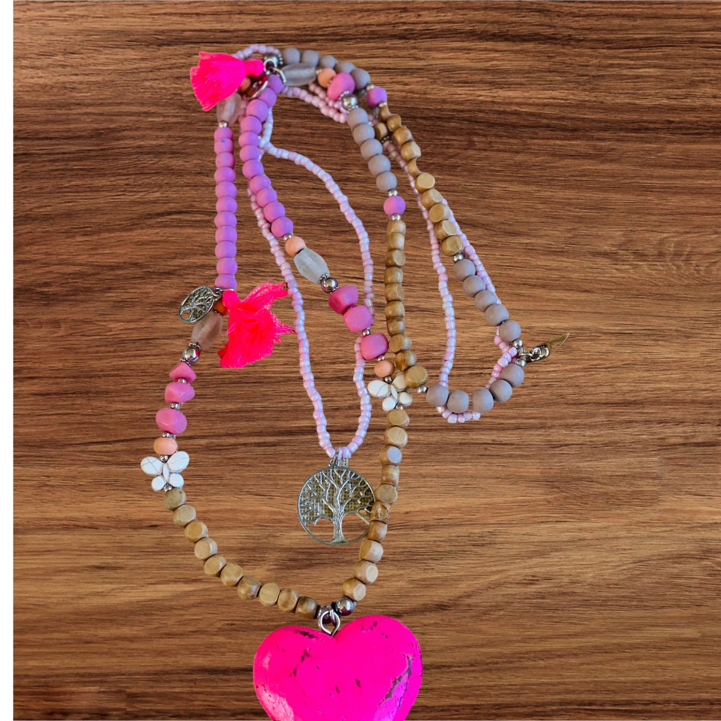 Heart Double Garland Necklace Pink with Charms