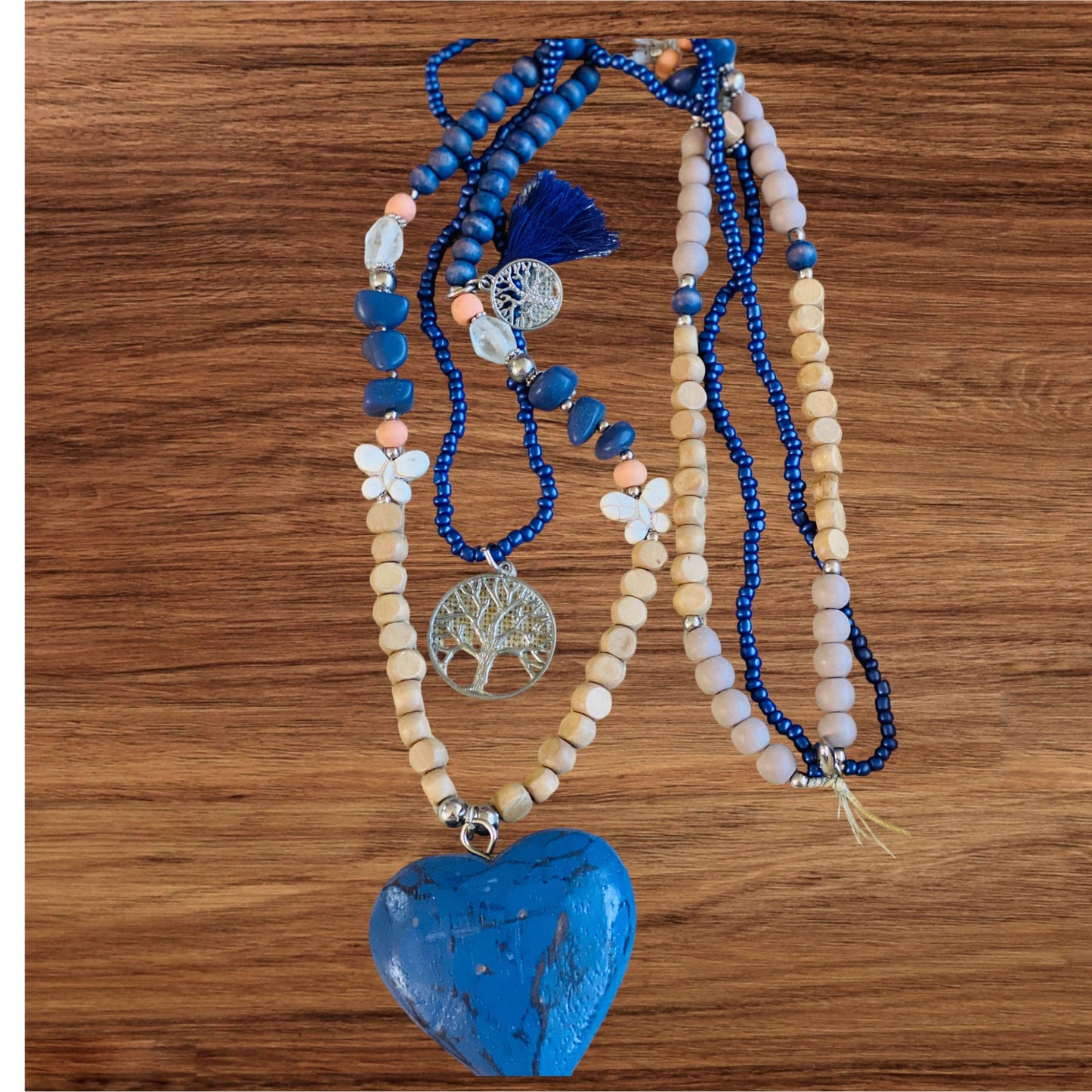 Heart Double Garland Necklace Blue with Charms