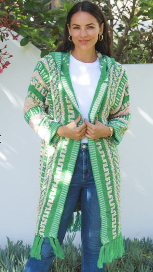 Chunky Knit cardigan with Hoodie Green stripe