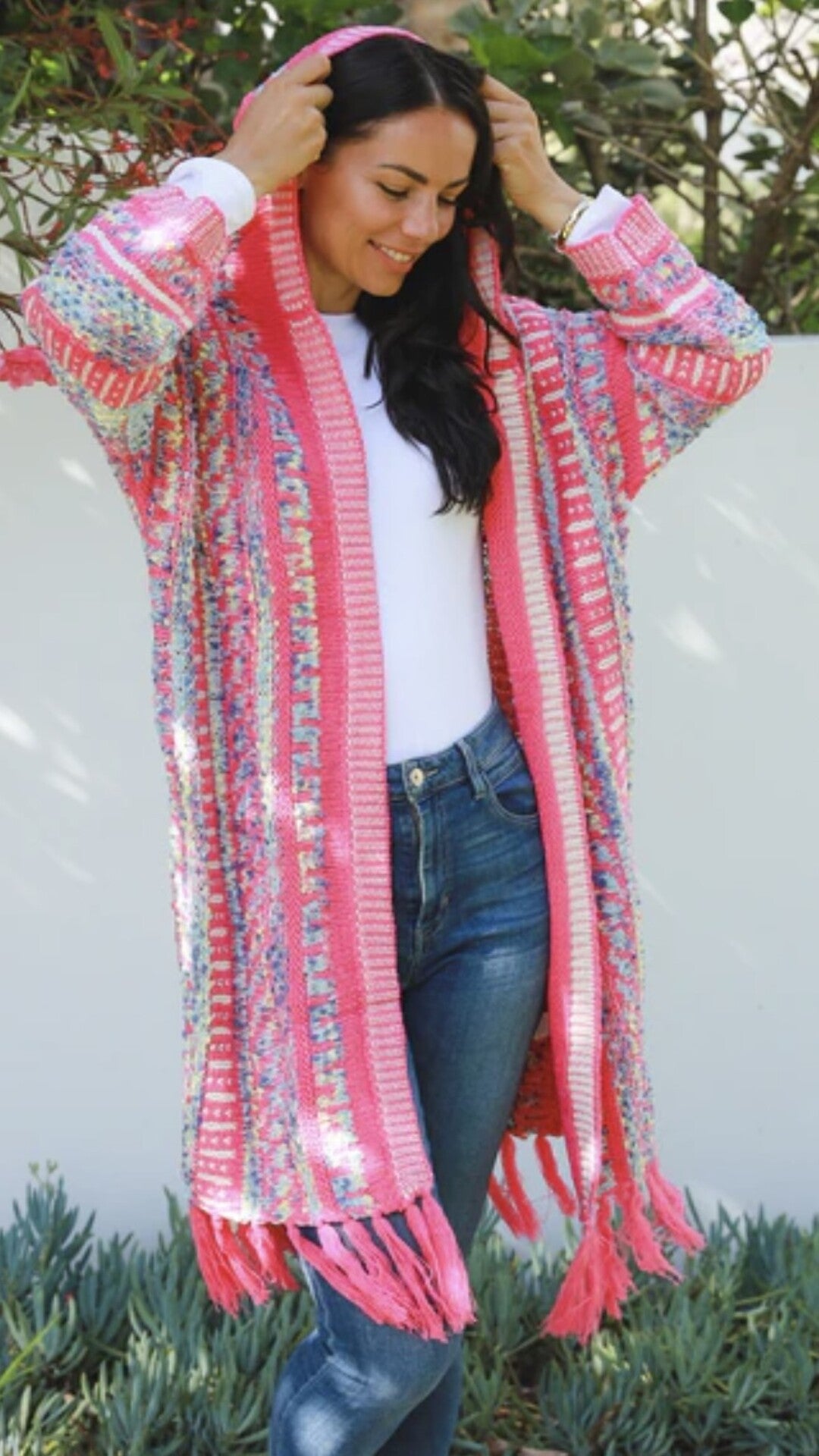 Chunky Knit Cardigan with Hoodie Pink stripe