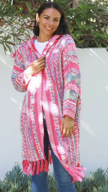 Chunky Knit Cardigan with Hoodie Pink stripe
