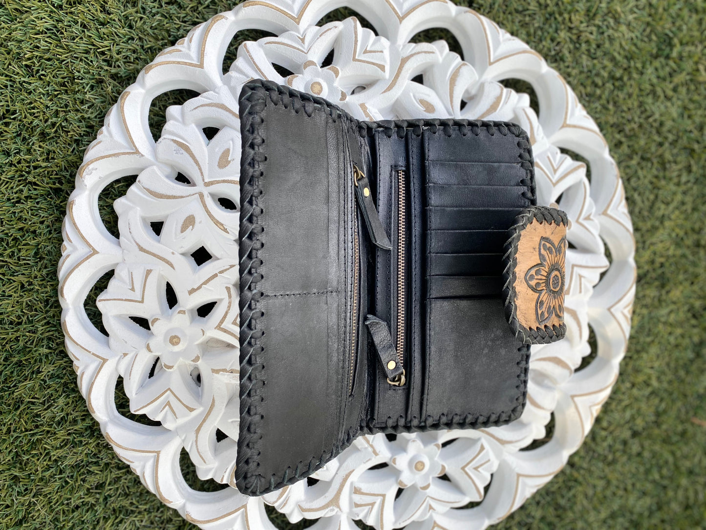 Flower Leather Wallet Vintage Black