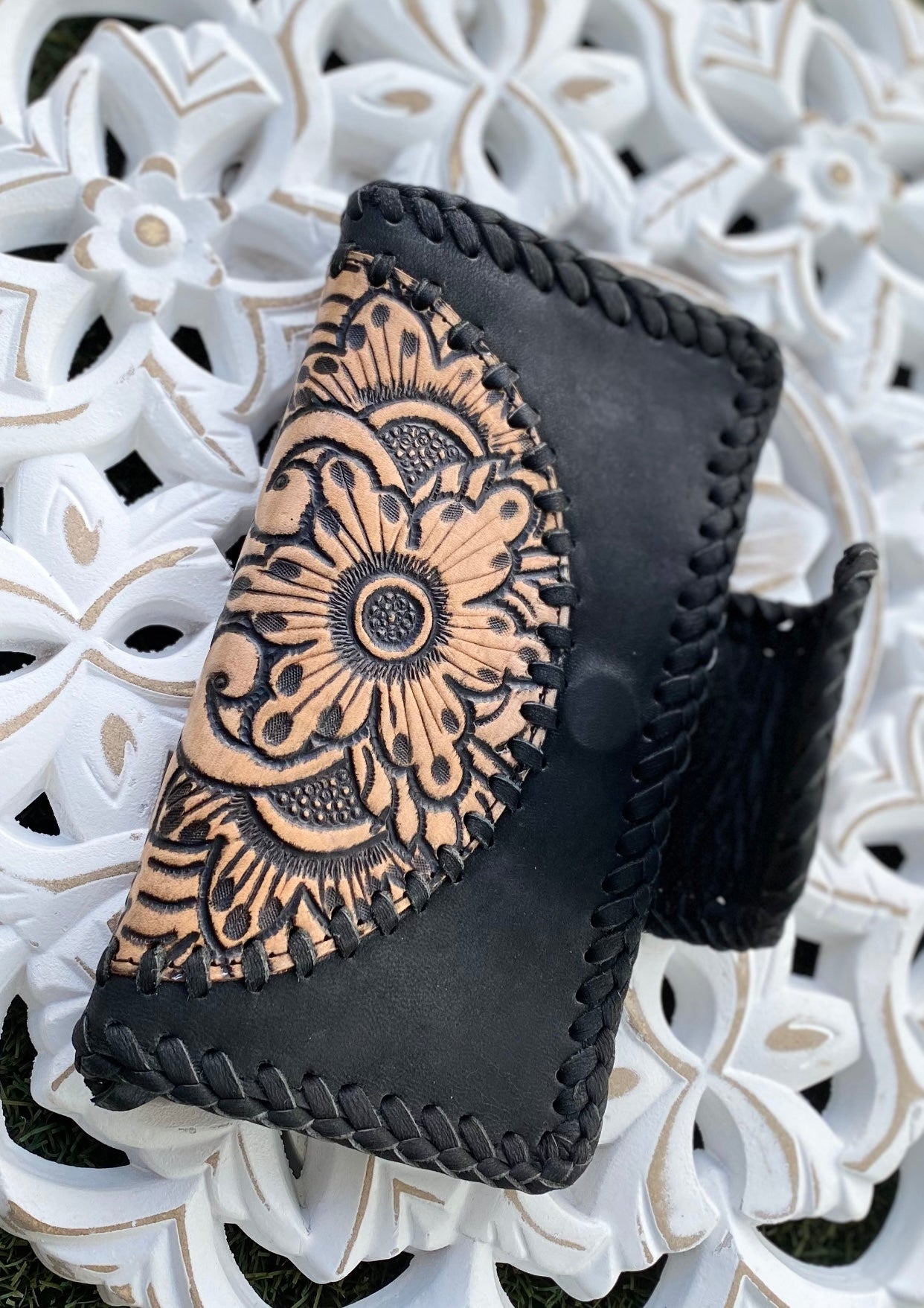 Flower Leather Wallet Vintage Black