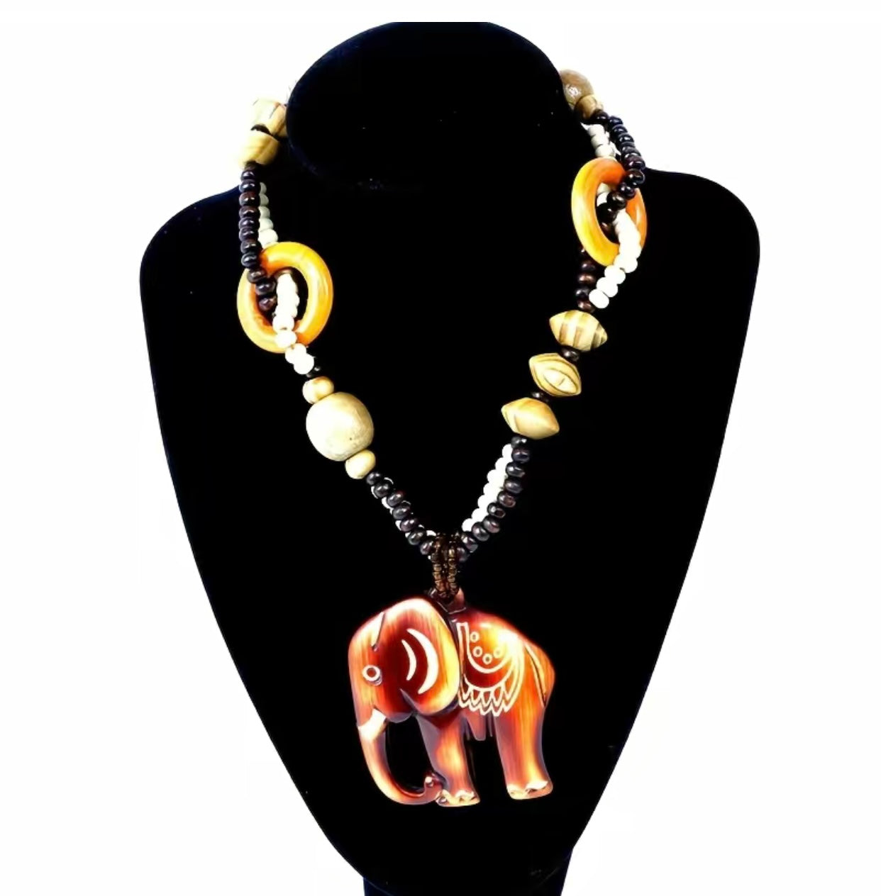 Boho Ethnic Necklace Wood Bead Elephant