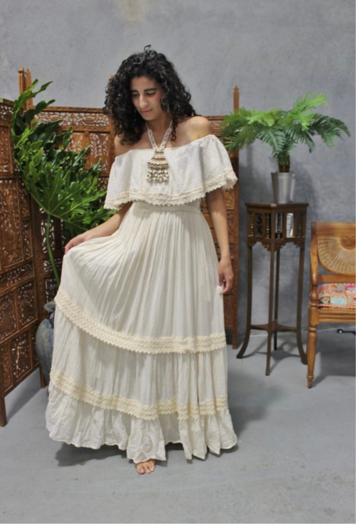 Boho Maxi Cotton Dress Prairie Gypsy Off The Shoulder