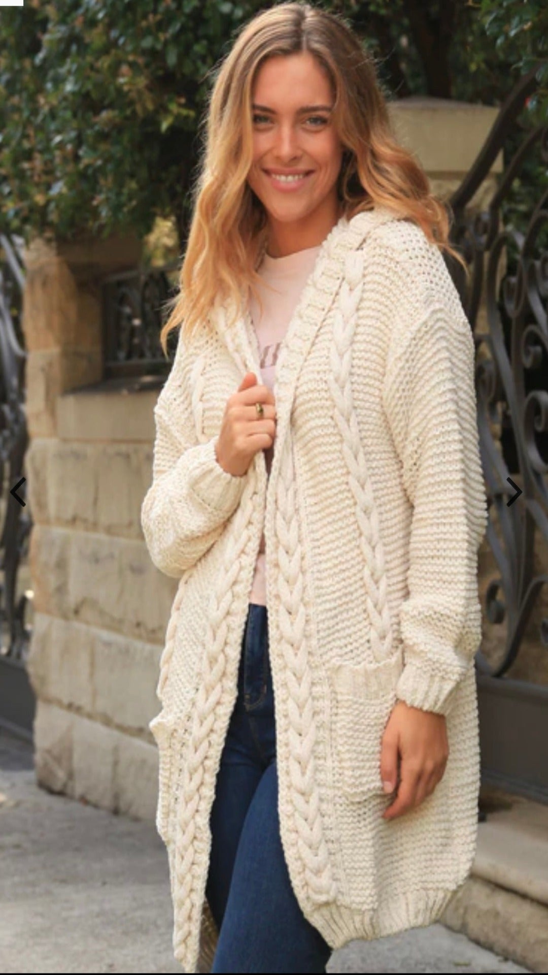 Tully Braided Knit Cardigan with Hoodie Cream