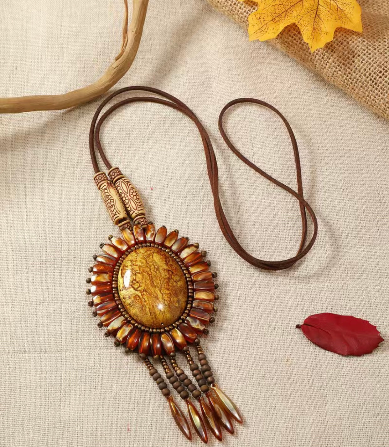 Boho Ethnic Wood Bead Necklace Sunflower